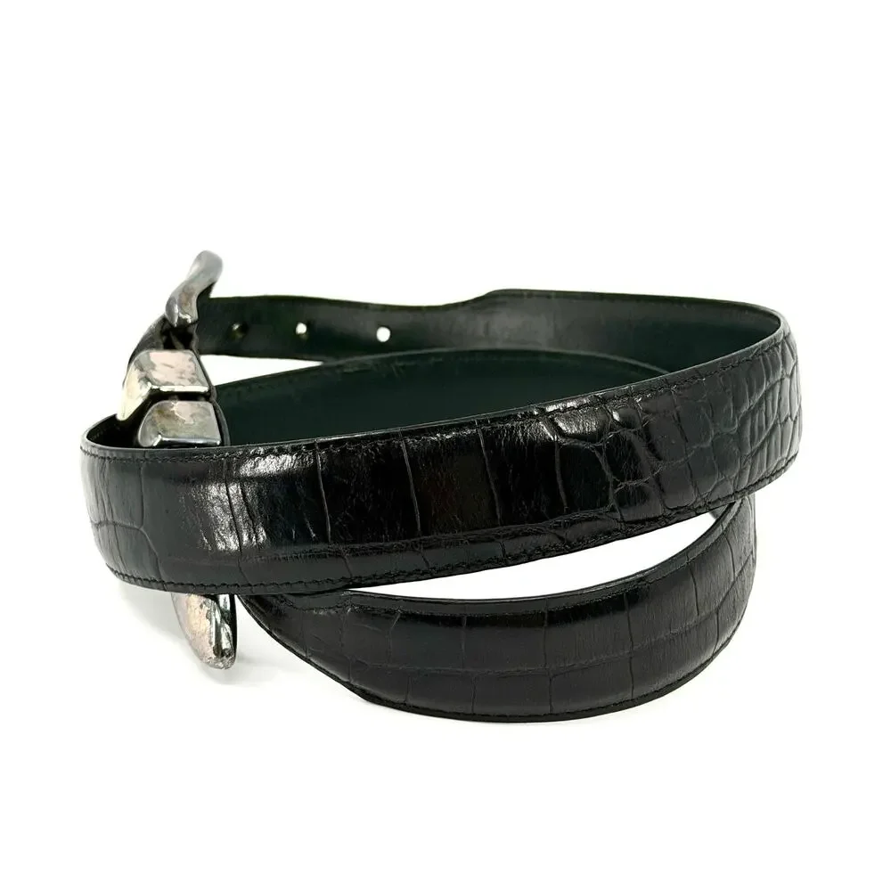 Vintage 90s Black Genuine Leather Croc Embossed Silver Tipped Belt